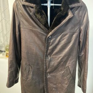 Men's Brown Leather Coat with Faux Fur Lining